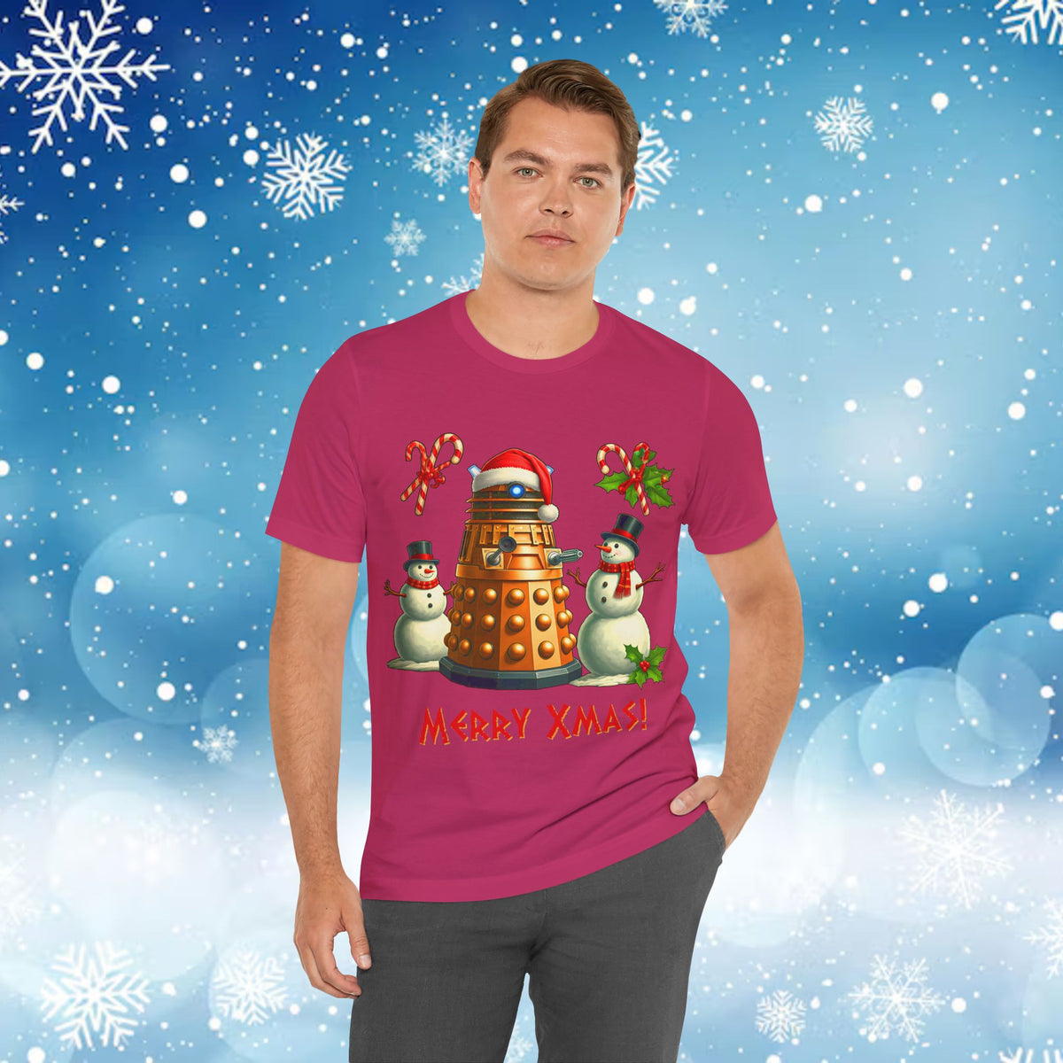 Doctor Who Dalek Christmas T-shirt — Posing with Snowmen