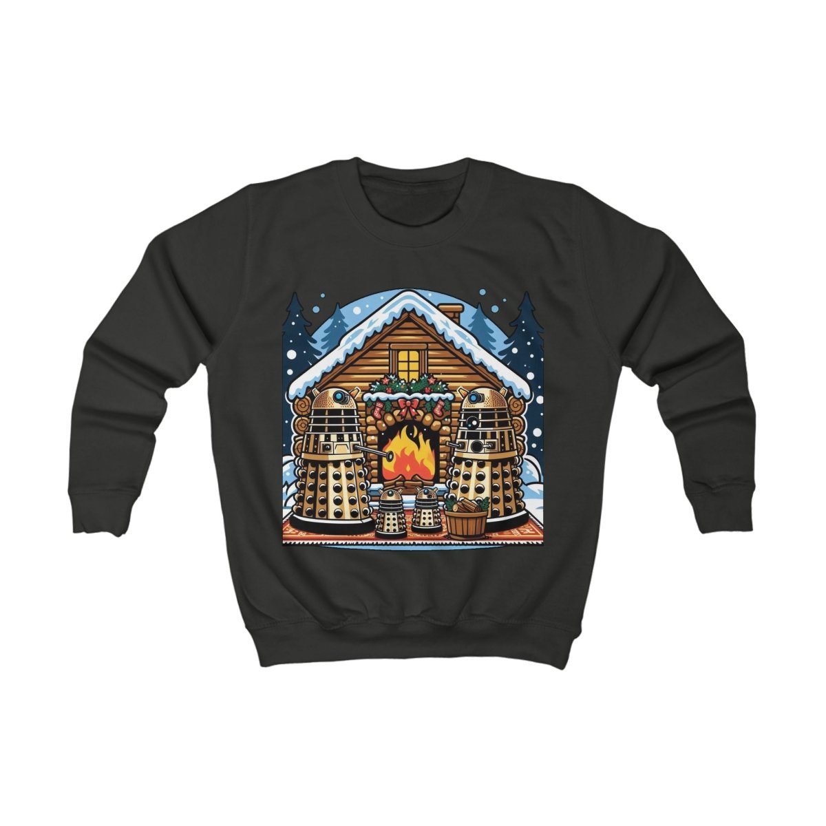 Dalek Family Xmas outside a log cabin Kids Sweatshirt - Kids clothes