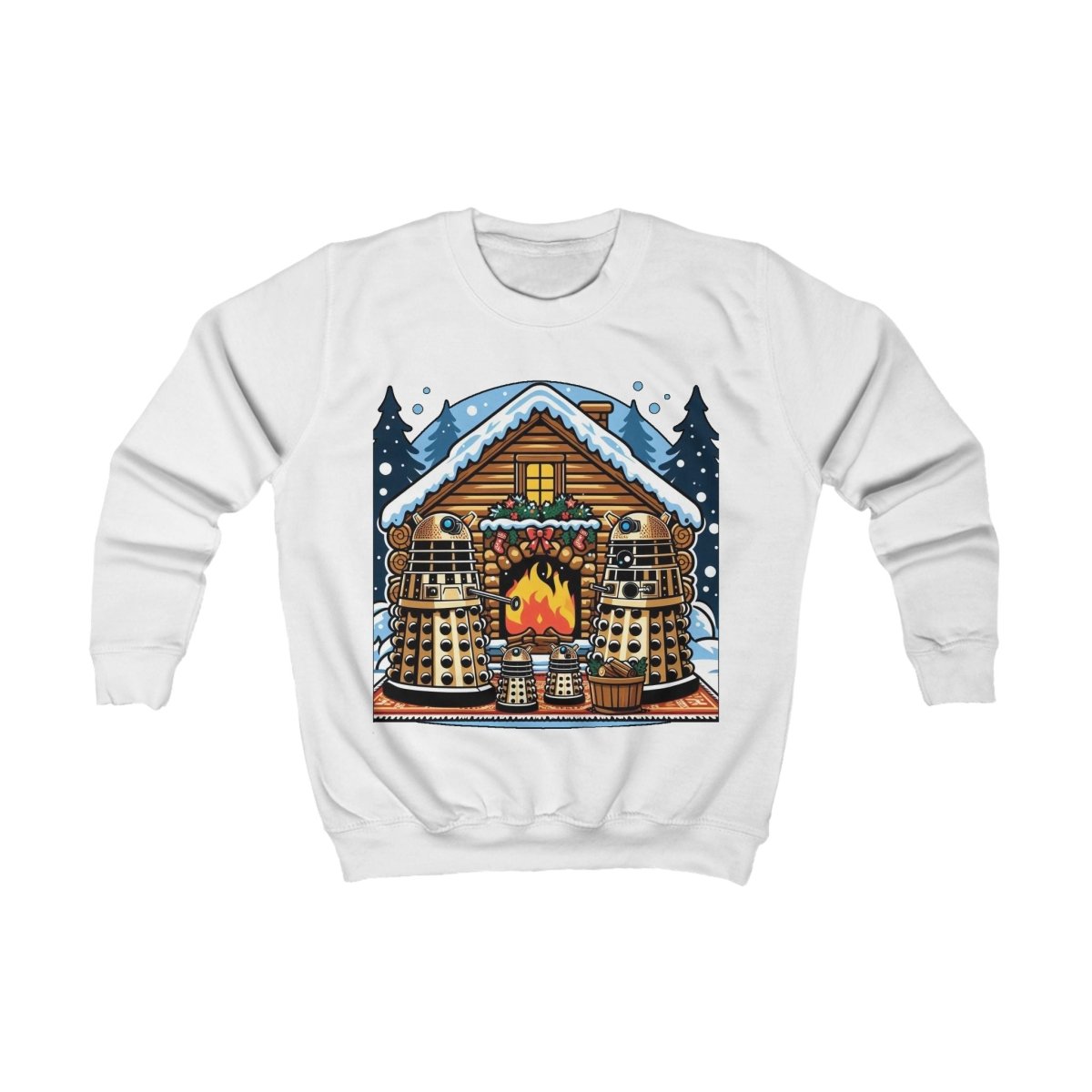 Dalek Family Xmas outside a log cabin Kids Sweatshirt - Kids clothes