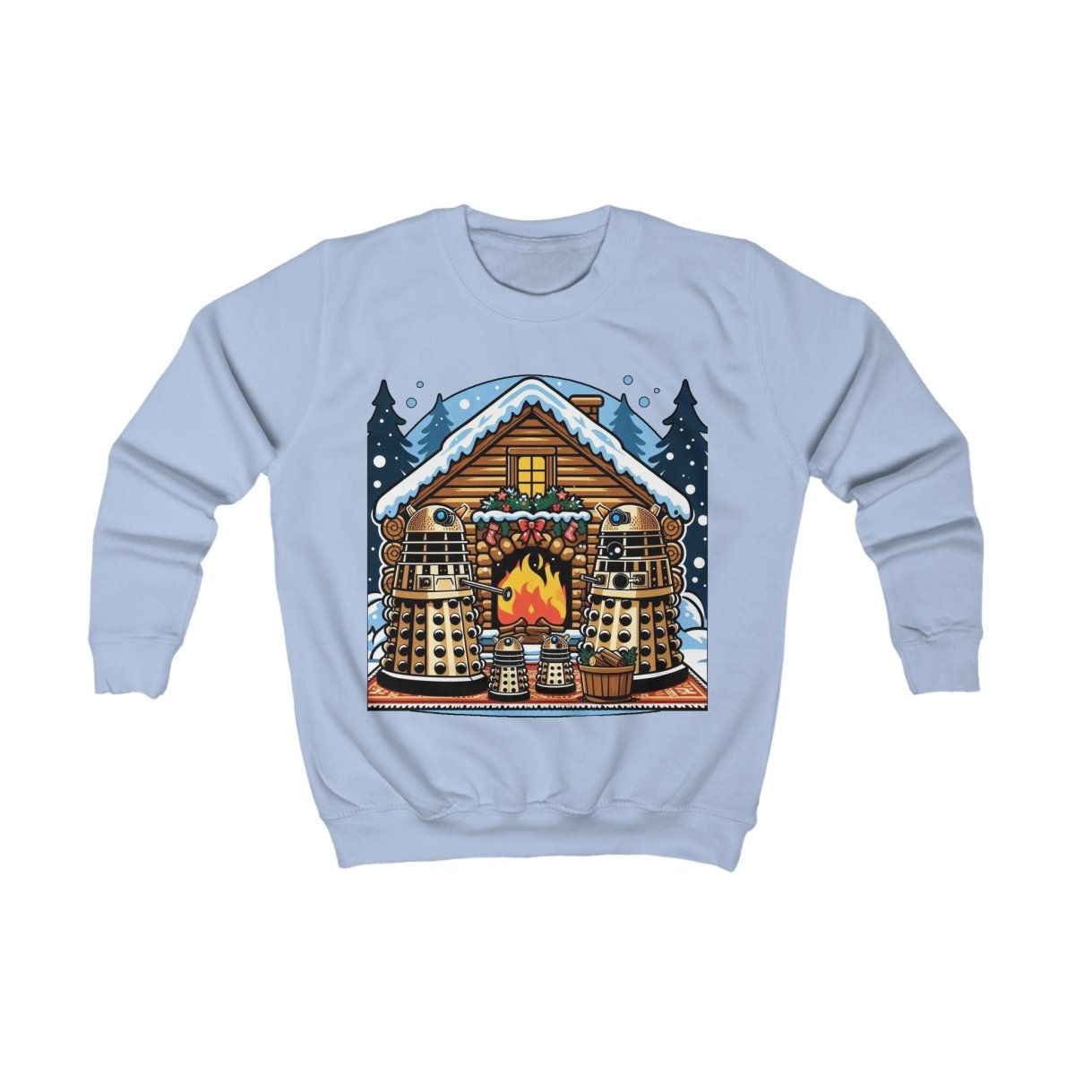 Dalek Family Xmas outside a log cabin Kids Sweatshirt - Kids clothes