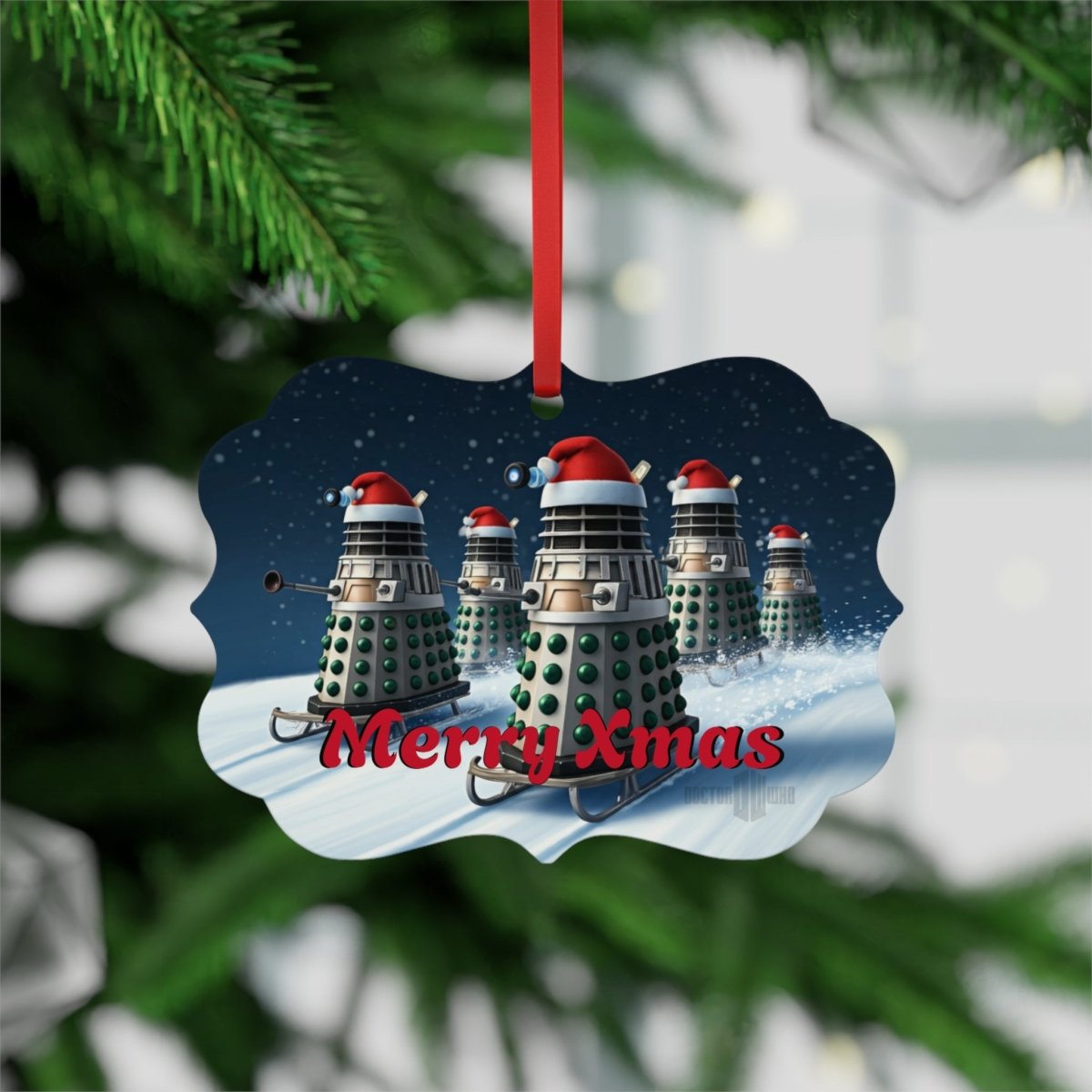 Daleks In Elf colours Skiing Metal Xmas Ornament - soapbox169 - A Little Gift Shop