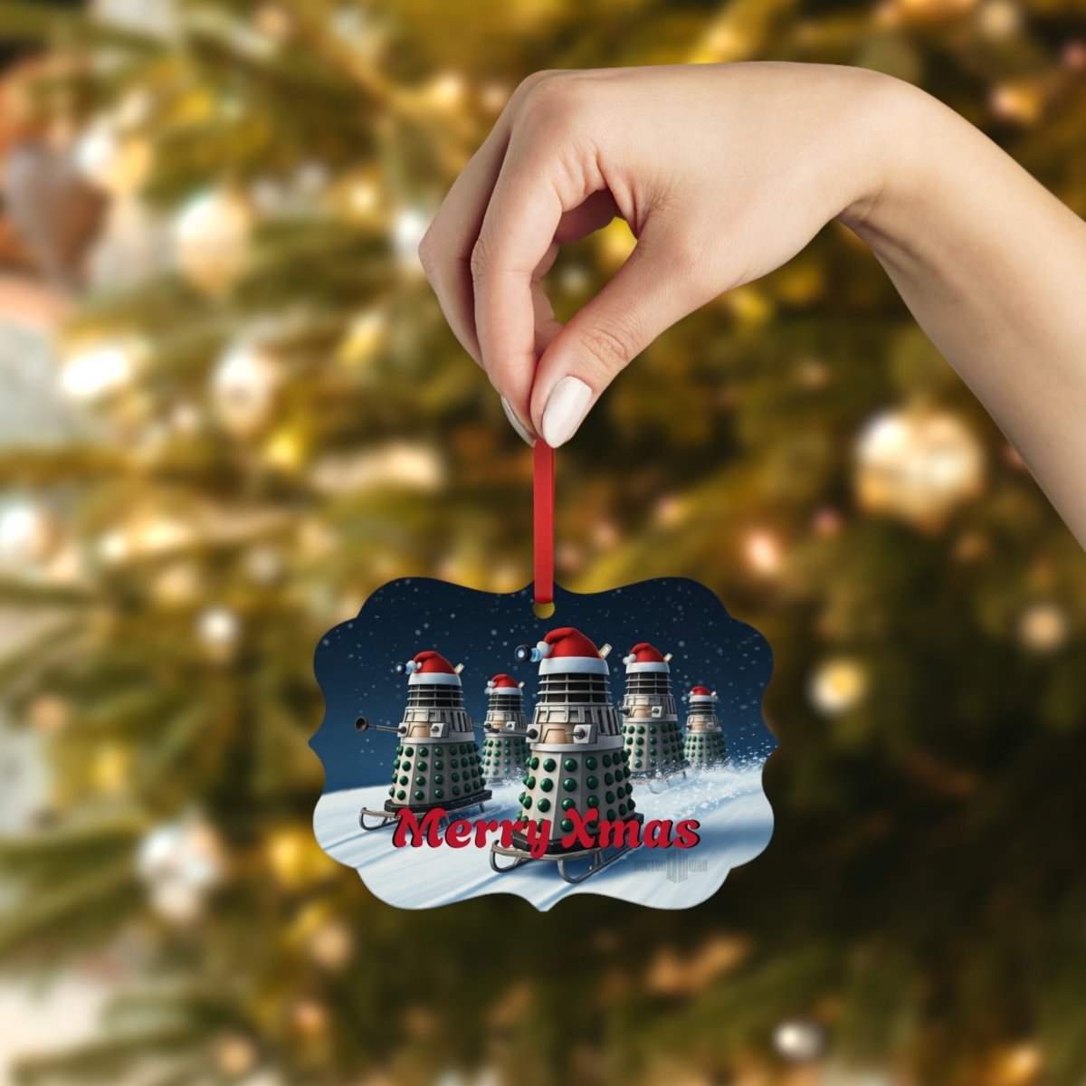 Daleks In Elf colours Skiing Metal Xmas Ornament - soapbox169 - A Little Gift Shop