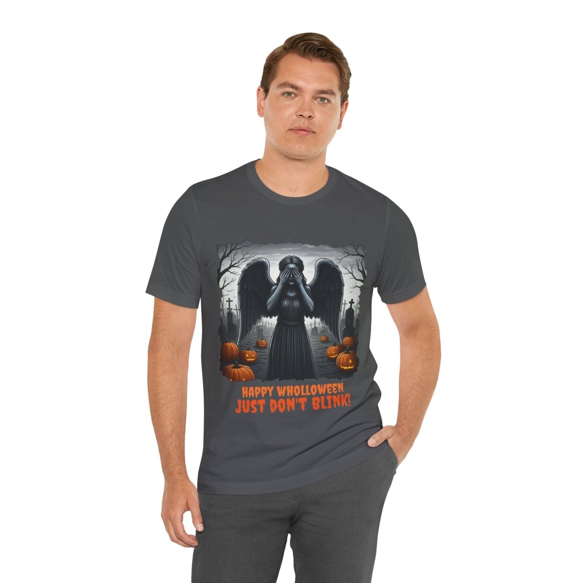 Happy Wholloween black and white Weeping Angel with coloured stolen pumpkins hiding in graveyard T-shirt - soapbox169 - A Little Gift Shop