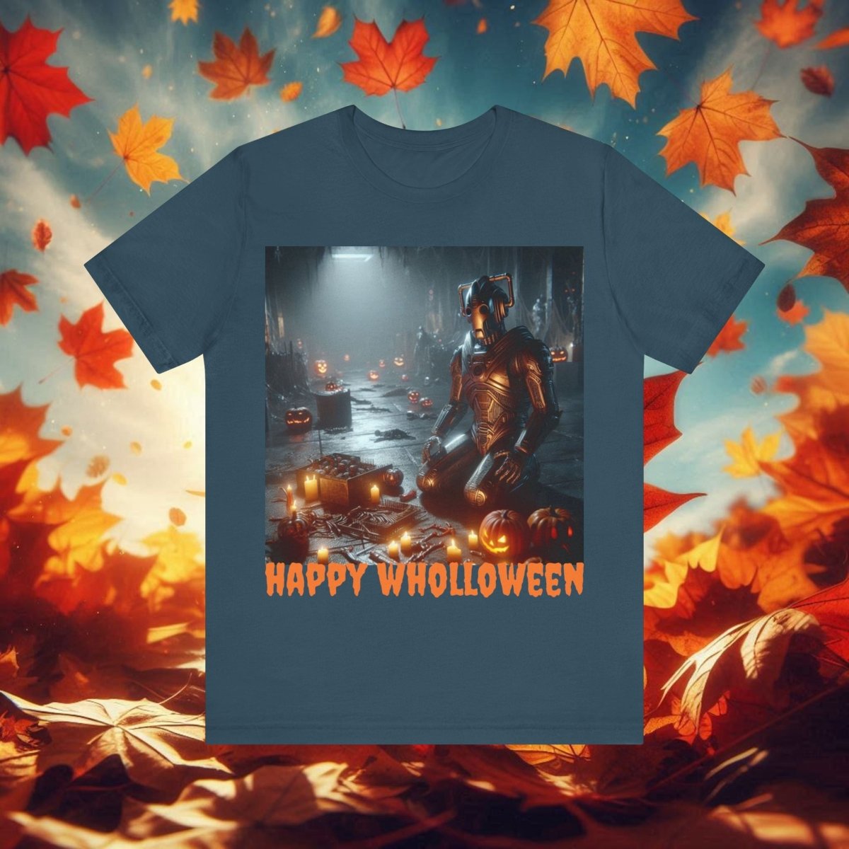 Happy Wholloween Cyberman kneeling in candy T-shirt - soapbox169 - A Little Gift Shop