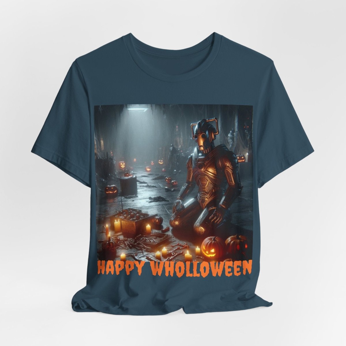 Happy Wholloween Cyberman kneeling in candy T-shirt - soapbox169 - A Little Gift Shop