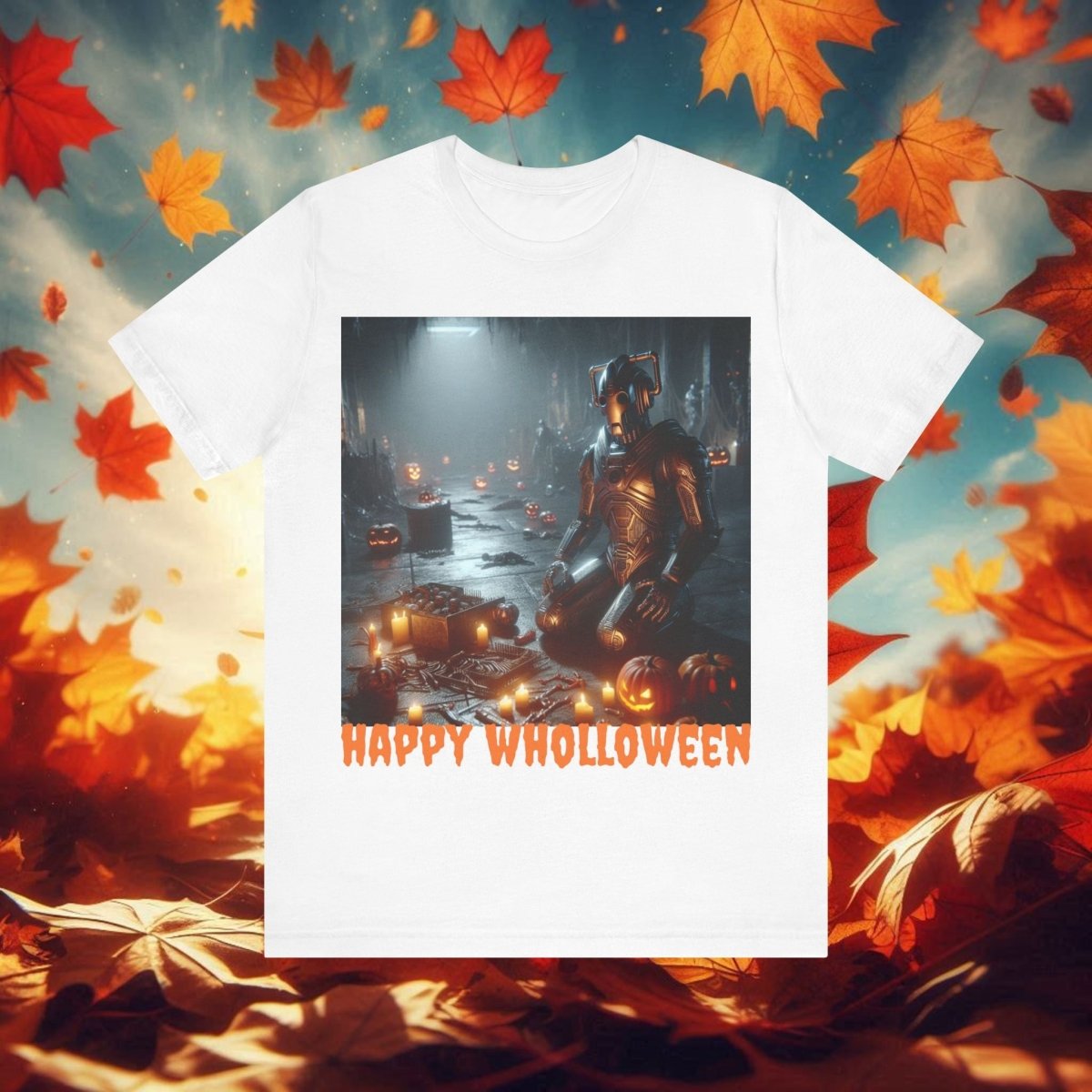 Happy Wholloween Cyberman kneeling in candy T-shirt - soapbox169 - A Little Gift Shop