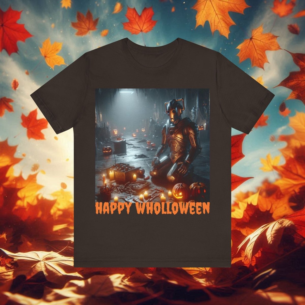 Happy Wholloween Cyberman kneeling in candy T-shirt - soapbox169 - A Little Gift Shop