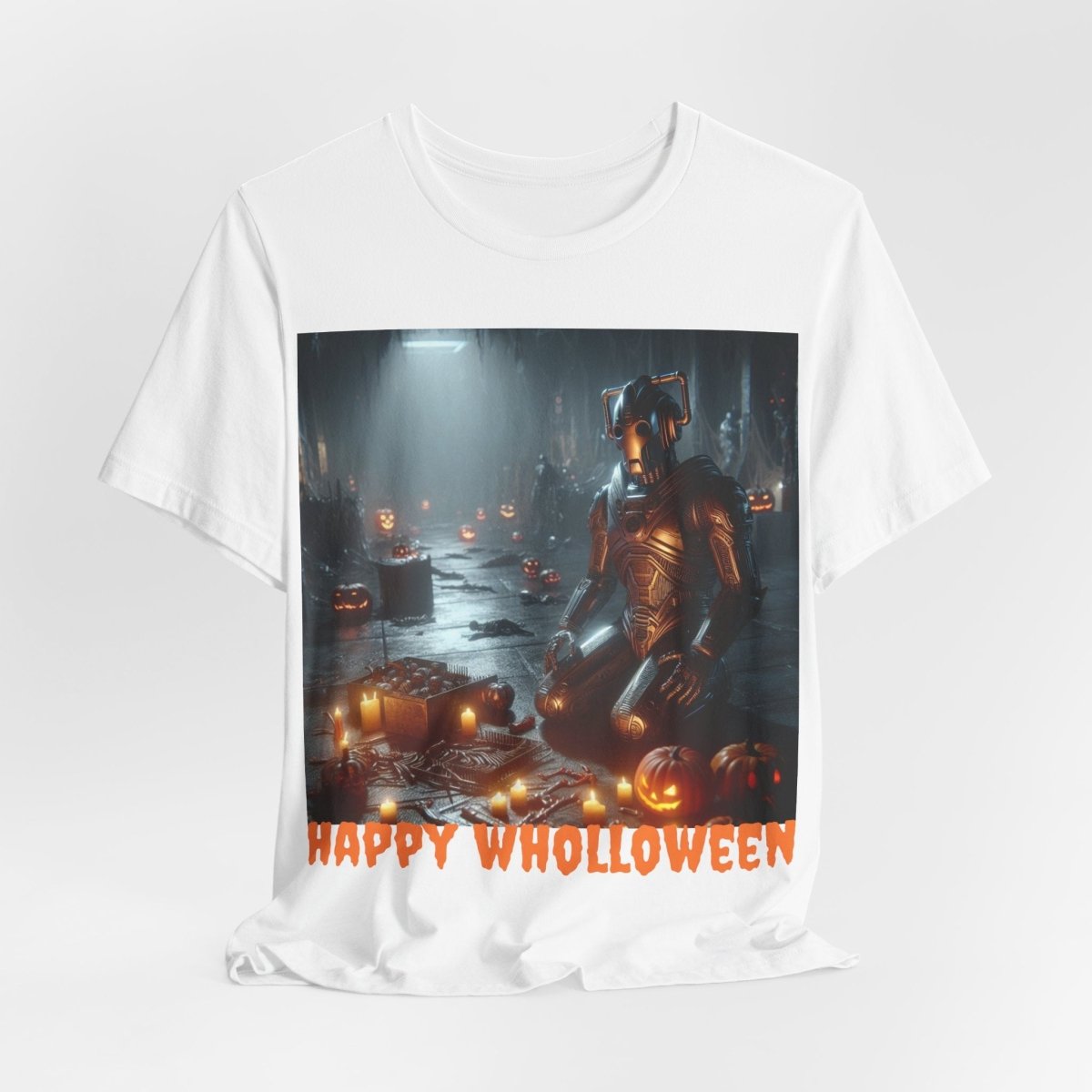 Happy Wholloween Cyberman kneeling in candy T-shirt - soapbox169 - A Little Gift Shop