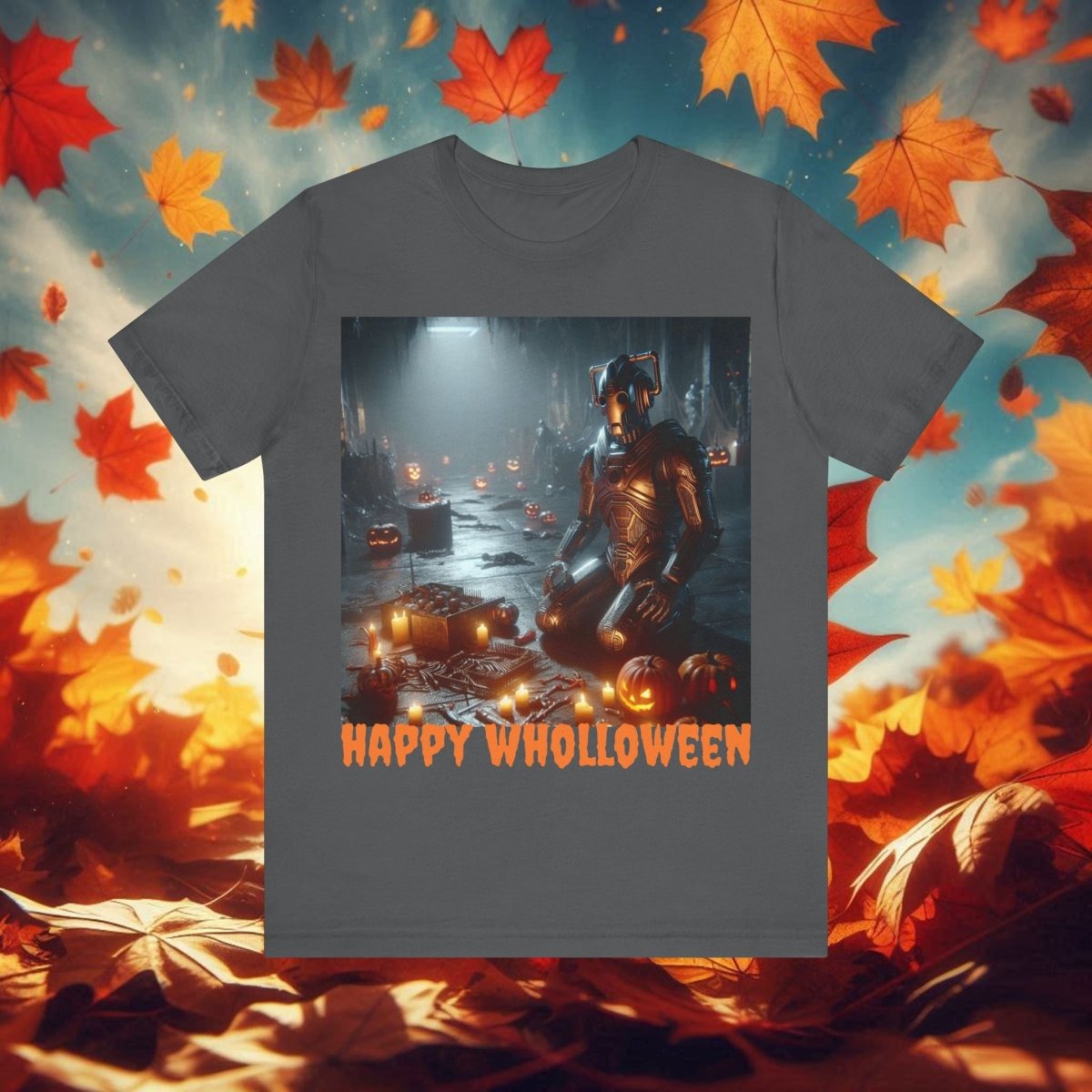Happy Wholloween Cyberman kneeling in candy T-shirt - soapbox169 - A Little Gift Shop