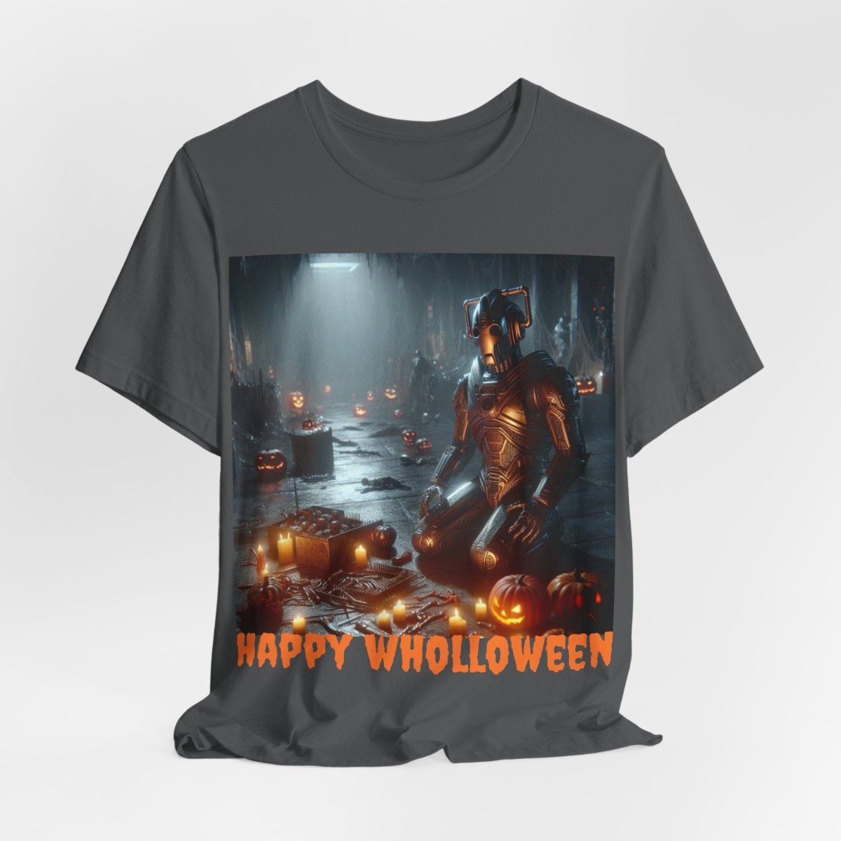 Happy Wholloween Cyberman kneeling in candy T-shirt - soapbox169 - A Little Gift Shop