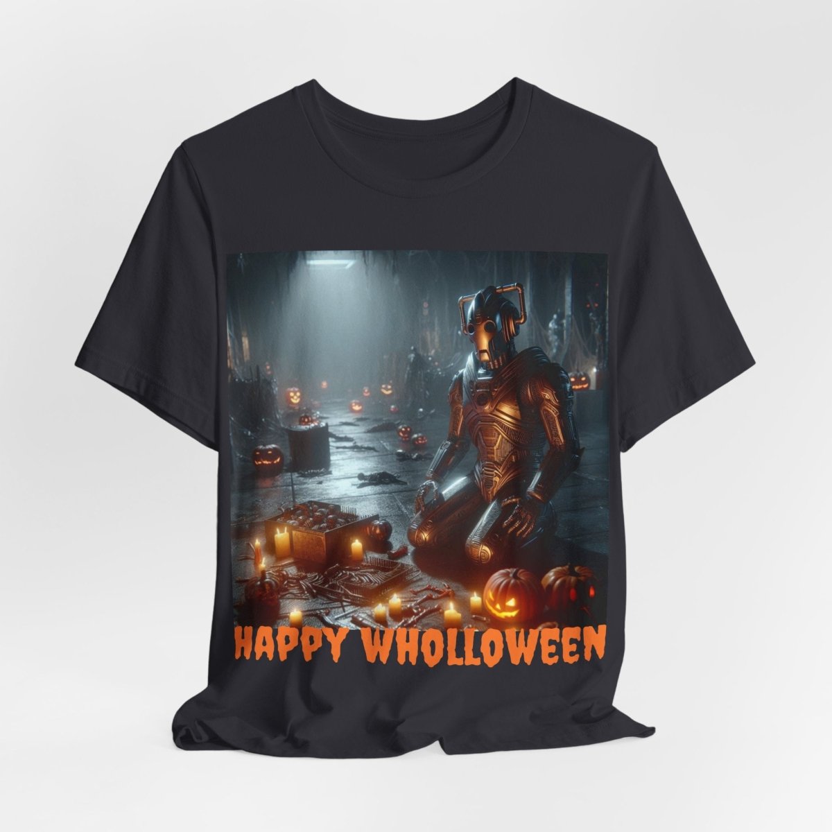 Happy Wholloween Cyberman kneeling in candy T-shirt - soapbox169 - A Little Gift Shop