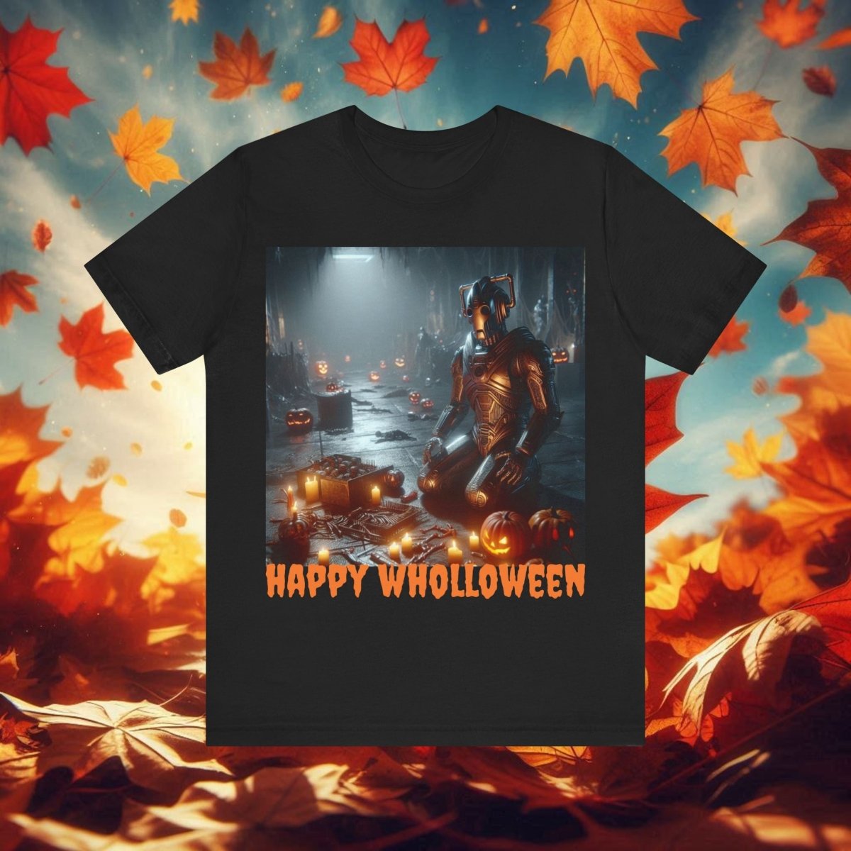 Happy Wholloween Cyberman kneeling in candy T-shirt - soapbox169 - A Little Gift Shop