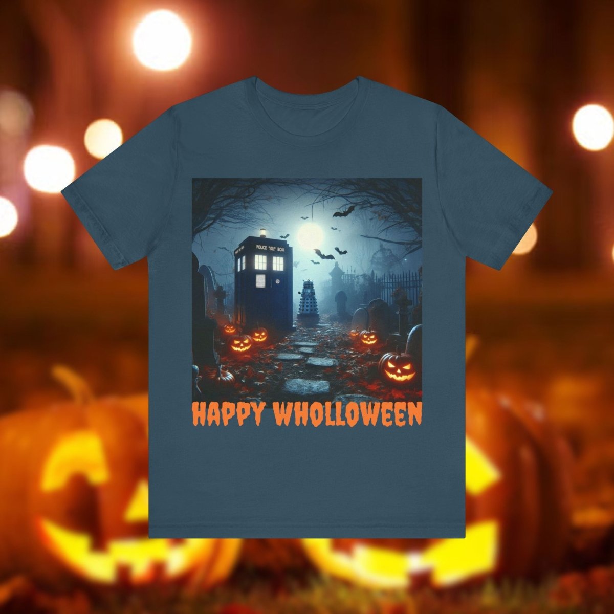 Happy Wholloween TARDIS in graveyard with lurking Dalek T-shirt - soapbox169 - A Little Gift Shop