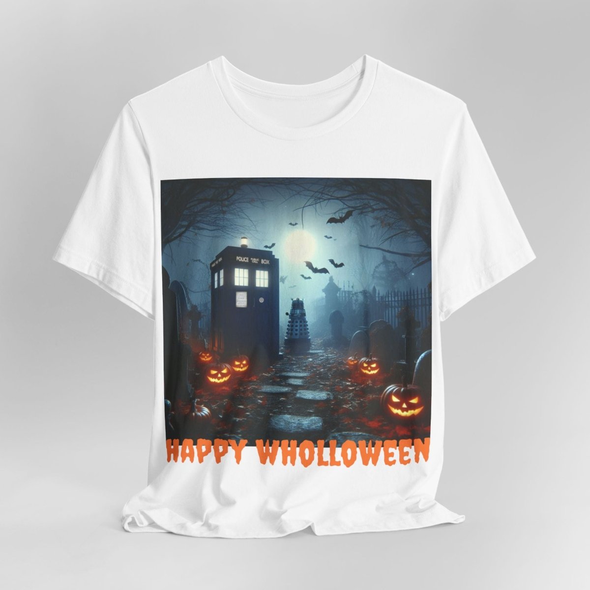 Happy Wholloween TARDIS in graveyard with lurking Dalek T-shirt - soapbox169 - A Little Gift Shop