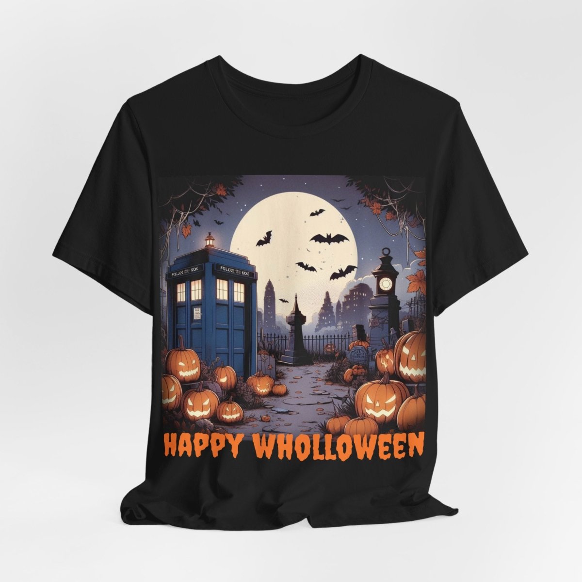 Happy Wholloween TARDIS T-shirt Cartoon Style with bats and pumpkins - soapbox169 - A Little Gift Shop