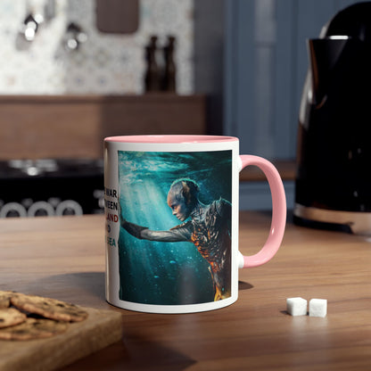 A split-screen promotional graphic showing the left hand side with the male protagonist on a pink two tone mug.