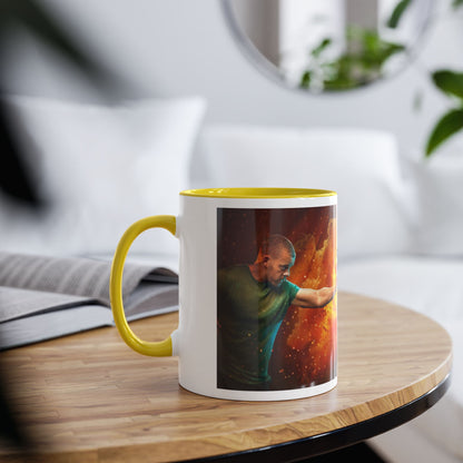 A split-screen promotional graphic showing the left hand side with the male protagonist on a yellow two tone mug.