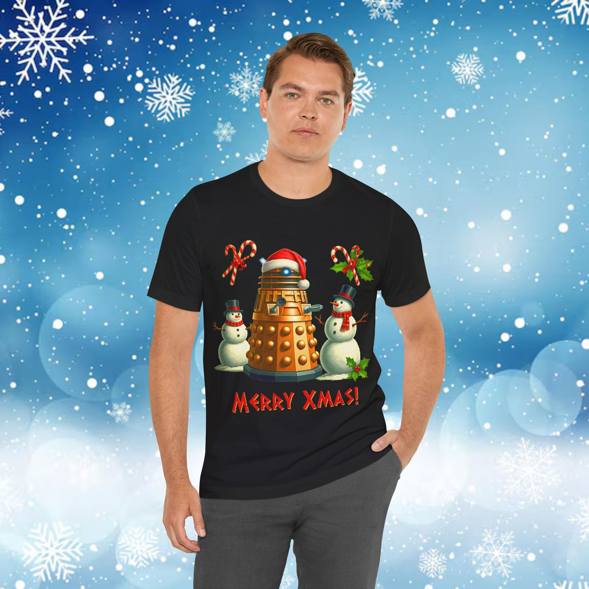 Doctor Who Dalek Christmas T-shirt — Posing with Snowmen