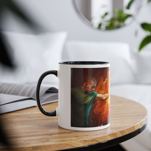 A split-screen promotional graphic showing the left hand side with the male protagonist on a black two tone mug.