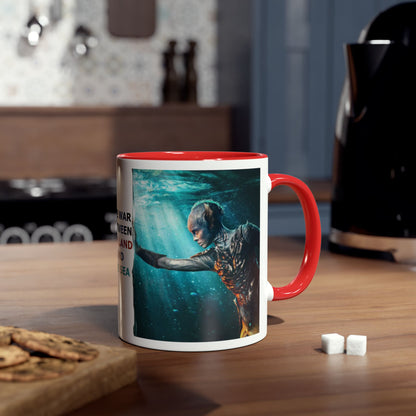 A split-screen promotional graphic showing the left hand side with the male protagonist on a red two tone mug.