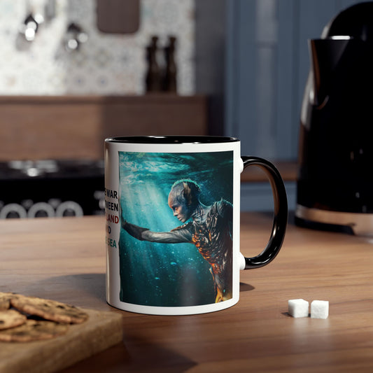 A split-screen promotional graphic showing the left hand side with the male protagonist on a black two tone mug.