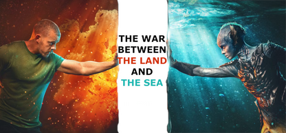 A split-screen promotional graphic with the text 'THE WAR BETWEEN THE LAND AND THE SEA' in the centre. 