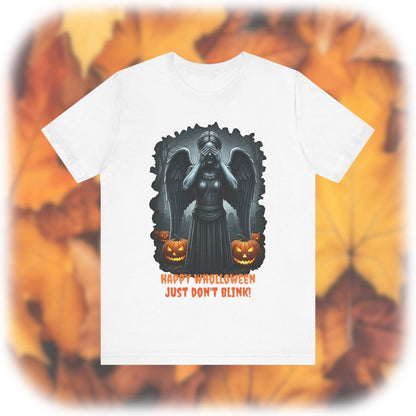 Happy Wholloween black and white Weeping Angel with colour pumpkins several in number T-shirt - soapbox169 - A Little Gift Shop