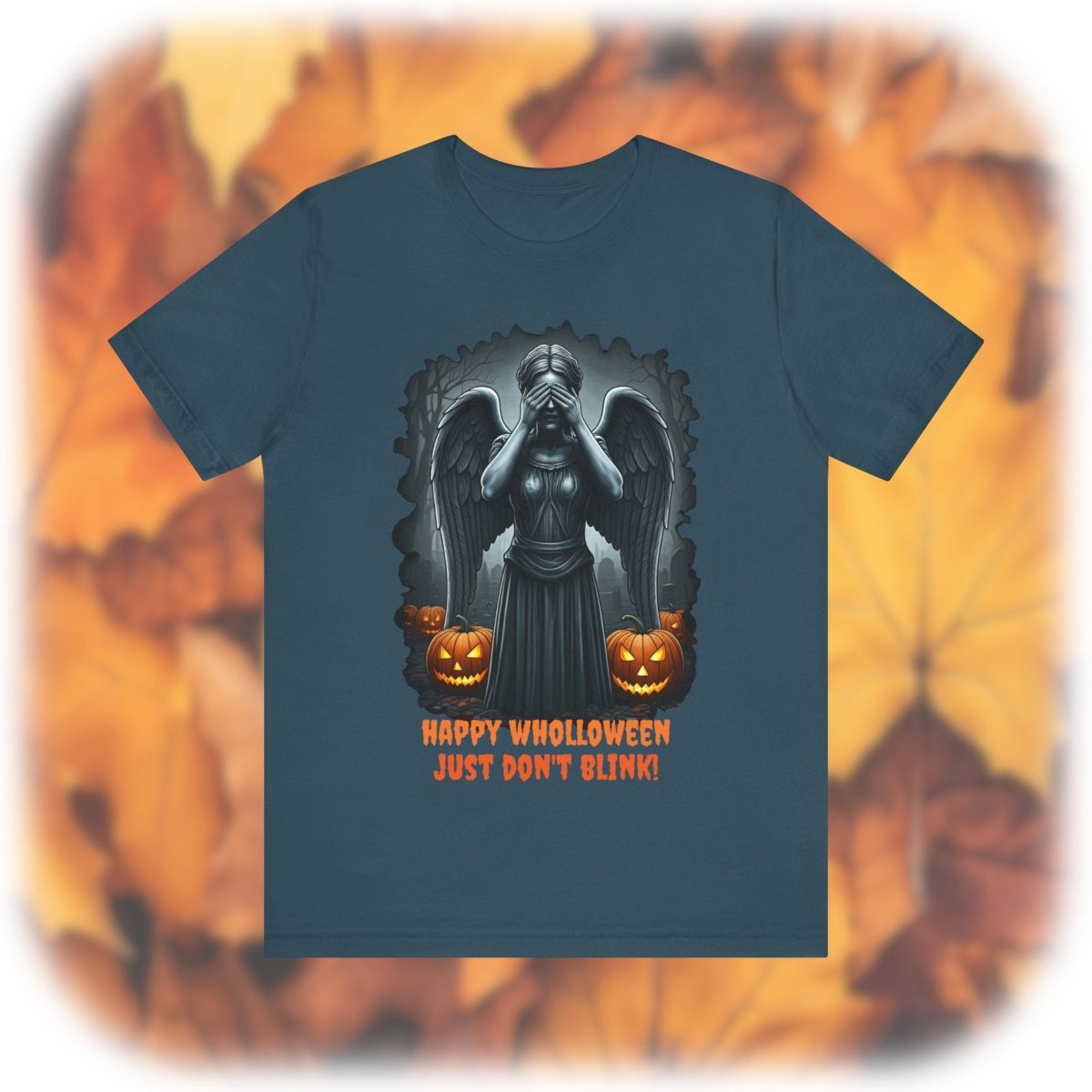 Happy Wholloween black and white Weeping Angel with colour pumpkins several in number T-shirt - soapbox169 - A Little Gift Shop