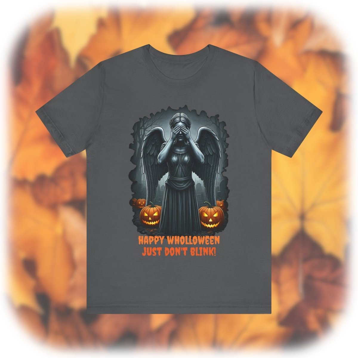 Happy Wholloween black and white Weeping Angel with colour pumpkins several in number T-shirt - soapbox169 - A Little Gift Shop