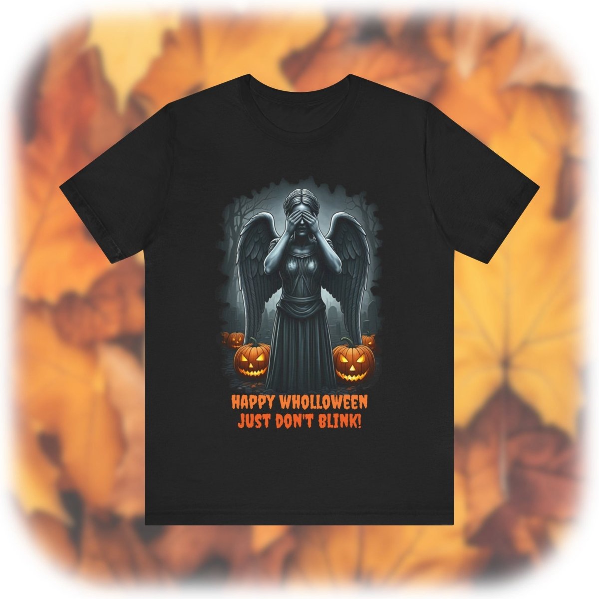 Happy Wholloween black and white Weeping Angel with colour pumpkins several in number T-shirt - soapbox169 - A Little Gift Shop