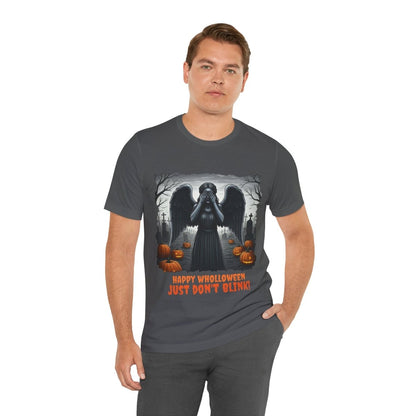 Happy Wholloween black and white Weeping Angel with coloured stolen pumpkins hiding in graveyard T-shirt - soapbox169 - A Little Gift Shop