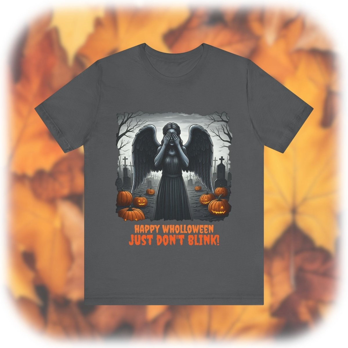 Happy Wholloween black and white Weeping Angel with coloured stolen pumpkins hiding in graveyard T-shirt - soapbox169 - A Little Gift Shop