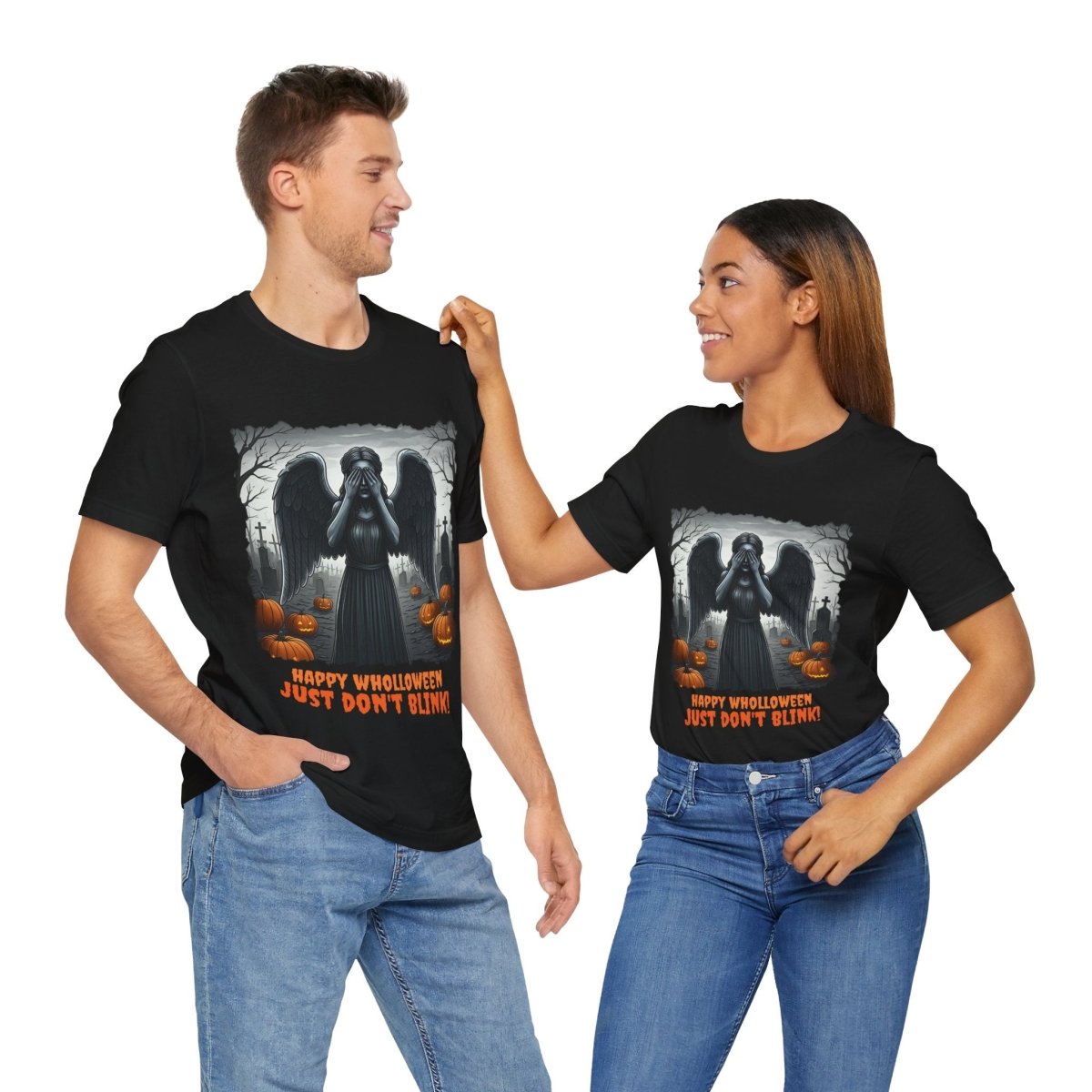 Happy Wholloween black and white Weeping Angel with coloured stolen pumpkins hiding in graveyard T-shirt - soapbox169 - A Little Gift Shop