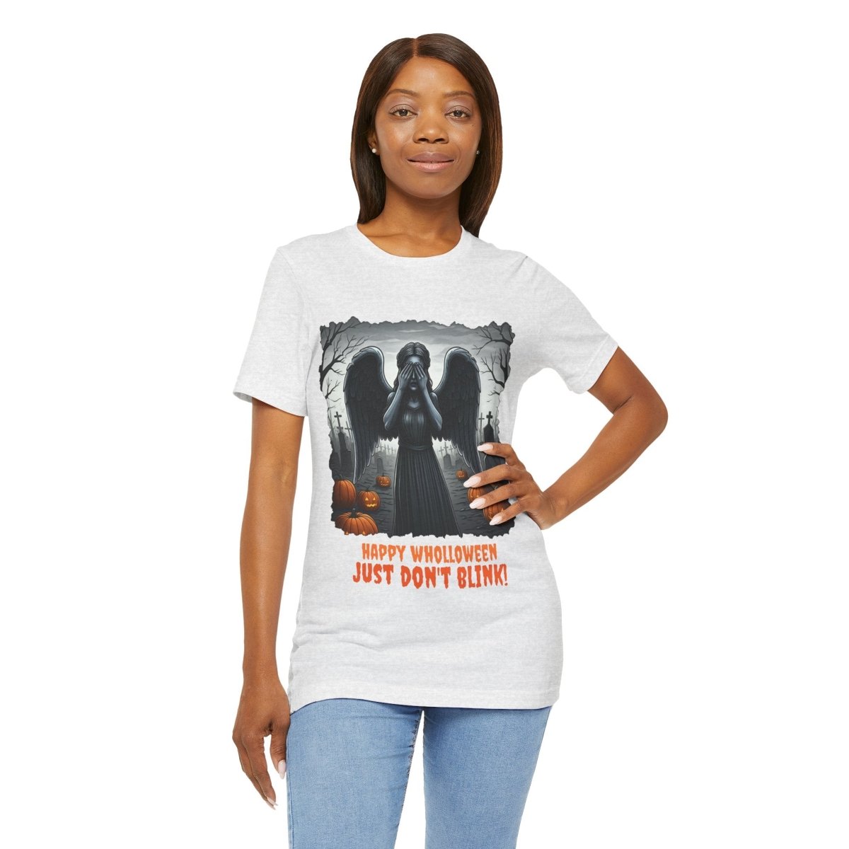Happy Wholloween black and white Weeping Angel with coloured stolen pumpkins hiding in graveyard T-shirt - soapbox169 - A Little Gift Shop