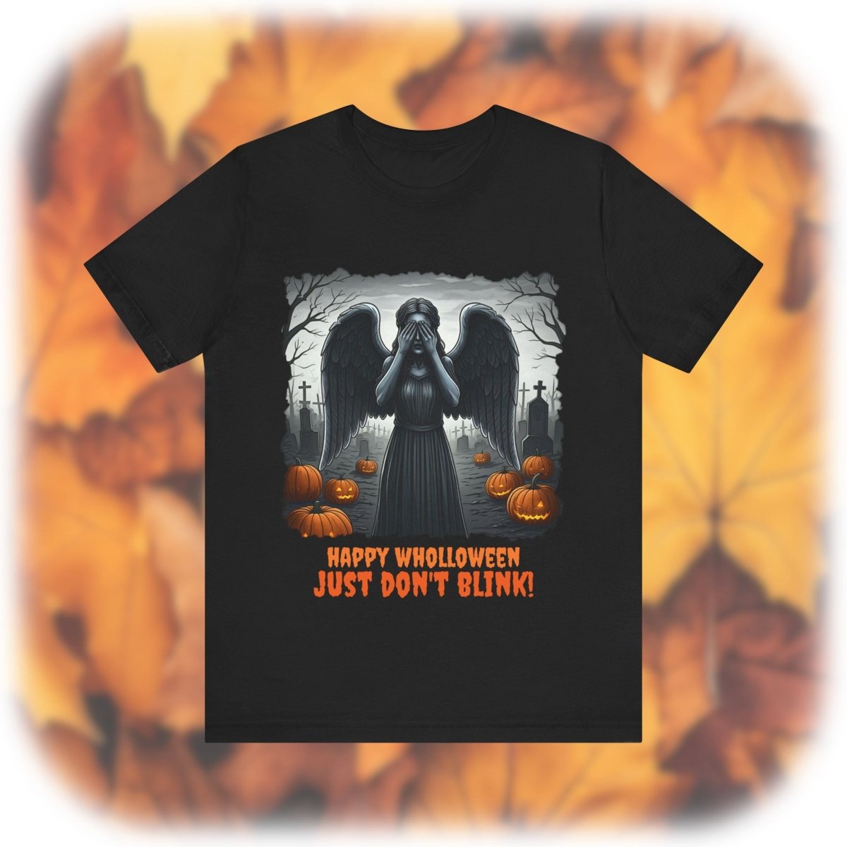 Happy Wholloween black and white Weeping Angel with coloured stolen pumpkins hiding in graveyard T-shirt - soapbox169 - A Little Gift Shop