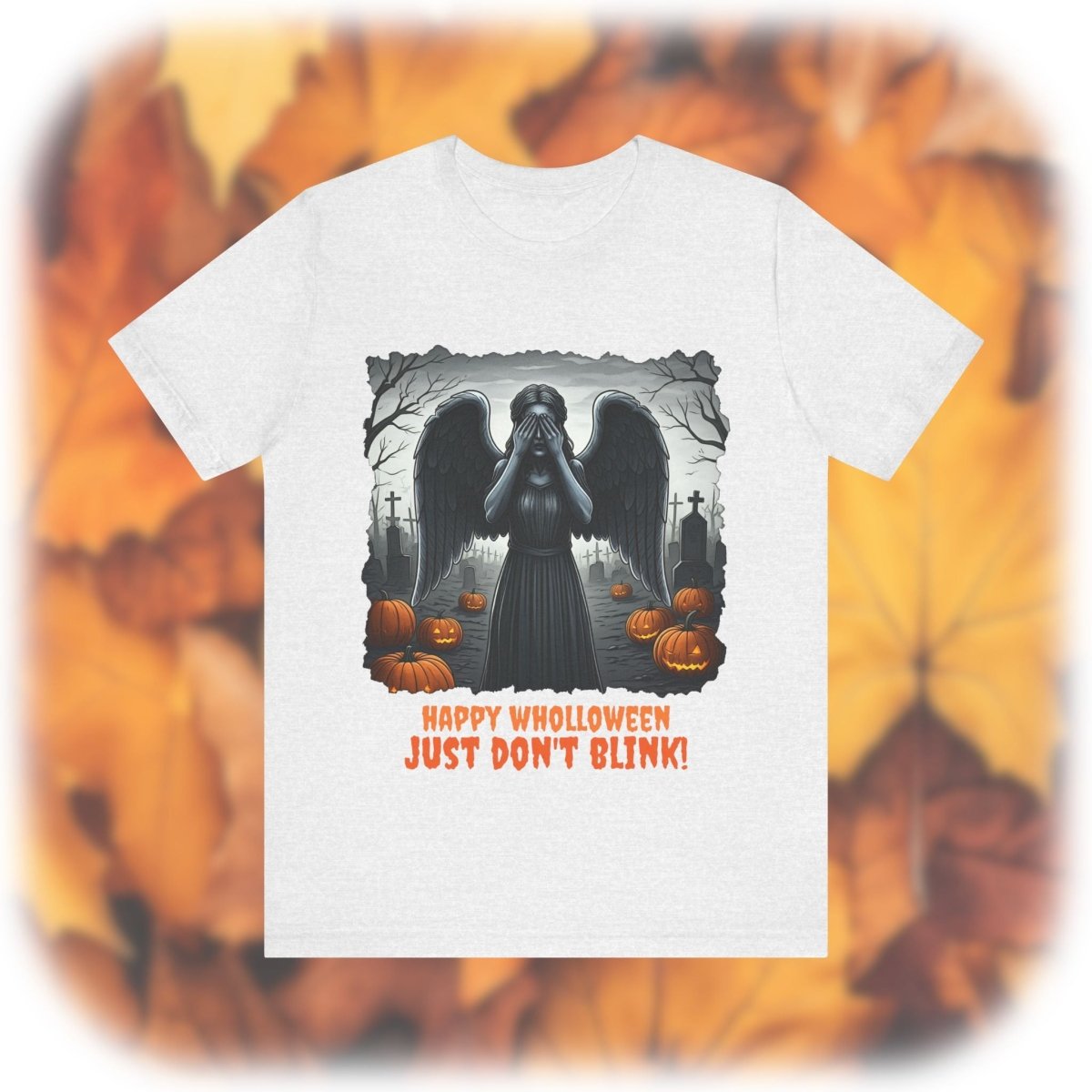 Happy Wholloween black and white Weeping Angel with coloured stolen pumpkins hiding in graveyard T-shirt - soapbox169 - A Little Gift Shop