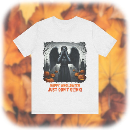 Happy Wholloween black and white Weeping Angel with coloured stolen pumpkins hiding in graveyard T-shirt - soapbox169 - A Little Gift Shop
