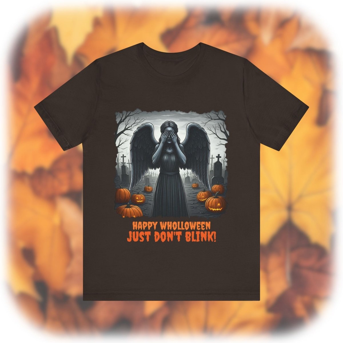 Happy Wholloween black and white Weeping Angel with coloured stolen pumpkins hiding in graveyard T-shirt - soapbox169 - A Little Gift Shop