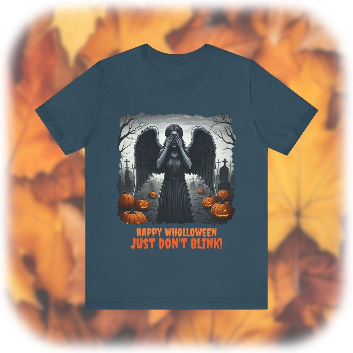 Happy Wholloween black and white Weeping Angel with coloured stolen pumpkins hiding in graveyard T-shirt - soapbox169 - A Little Gift Shop