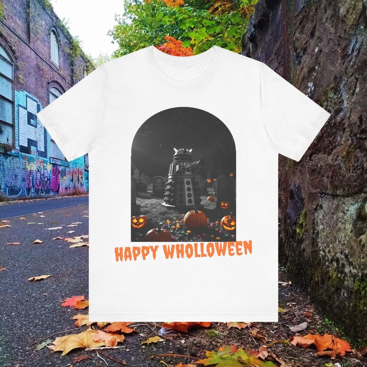 Happy Wholloween black & white Dalek with colour pumpkins in a graveyard T-shirt (Oh, and bats) - soapbox169 - A Little Gift Shop
