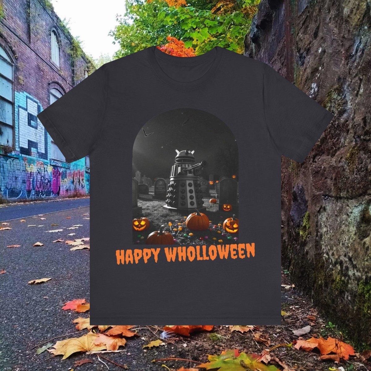 Happy Wholloween black & white Dalek with colour pumpkins in a graveyard T-shirt (Oh, and bats) - soapbox169 - A Little Gift Shop