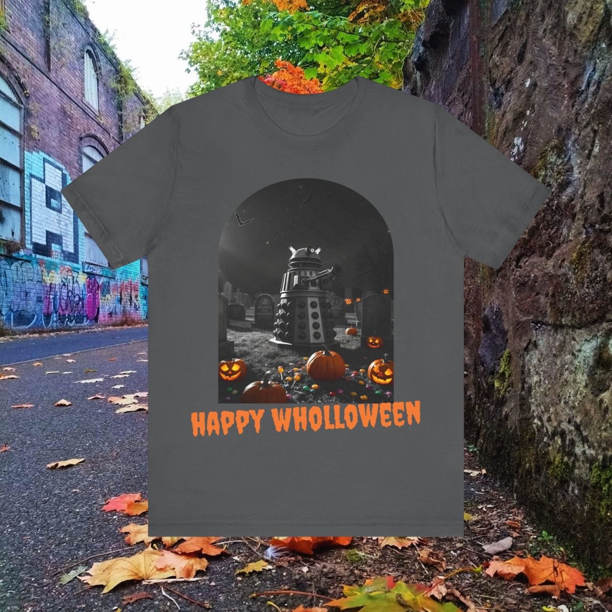 Happy Wholloween black & white Dalek with colour pumpkins in a graveyard T-shirt (Oh, and bats) - soapbox169 - A Little Gift Shop