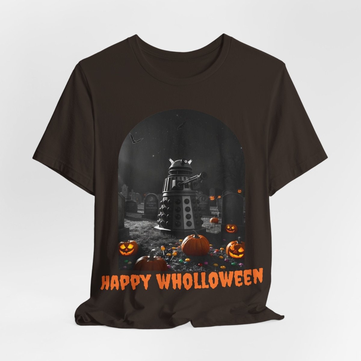 Happy Wholloween black & white Dalek with colour pumpkins in a graveyard T-shirt (Oh, and bats) - soapbox169 - A Little Gift Shop