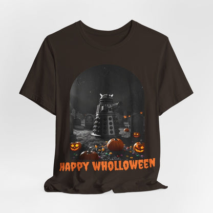 Happy Wholloween black & white Dalek with colour pumpkins in a graveyard T-shirt (Oh, and bats) - soapbox169 - A Little Gift Shop
