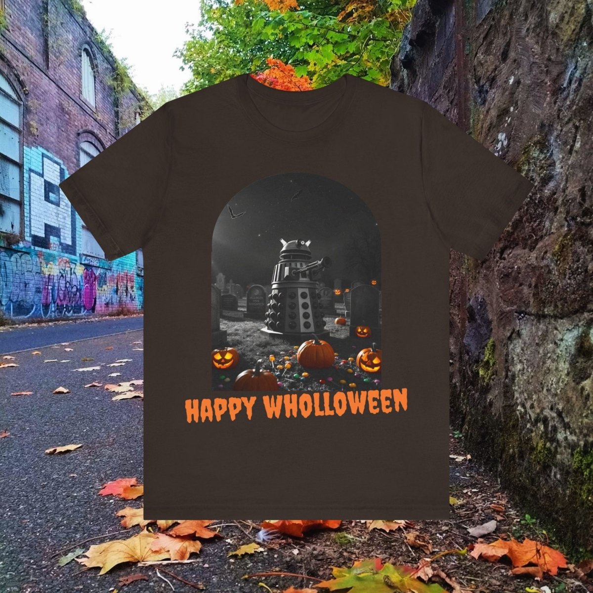 Happy Wholloween black & white Dalek with colour pumpkins in a graveyard T-shirt (Oh, and bats) - soapbox169 - A Little Gift Shop