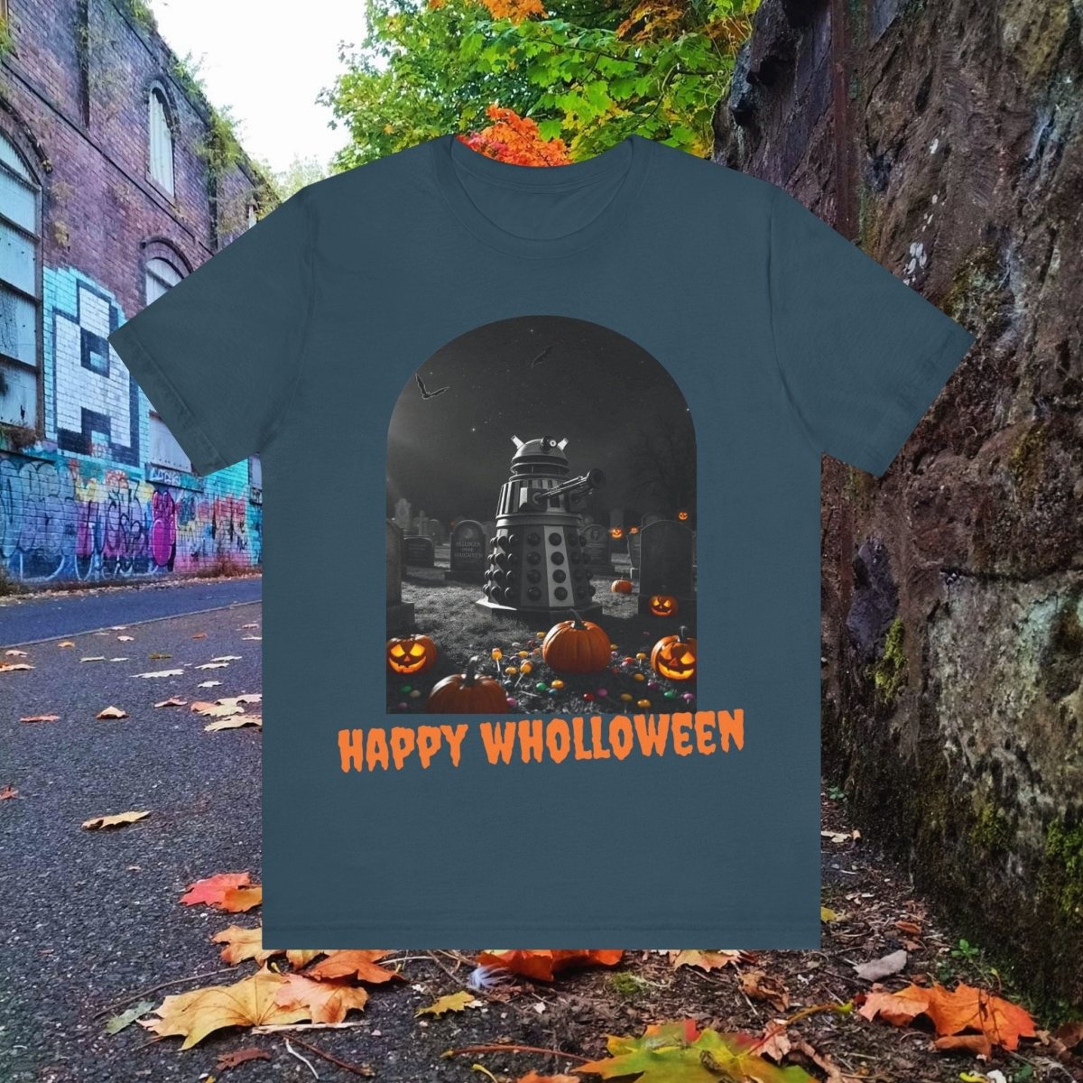 Happy Wholloween black & white Dalek with colour pumpkins in a graveyard T-shirt (Oh, and bats) - soapbox169 - A Little Gift Shop