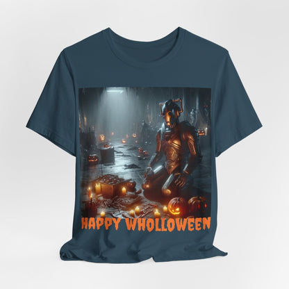 Happy Wholloween Cyberman kneeling in candy T-shirt - soapbox169 - A Little Gift Shop