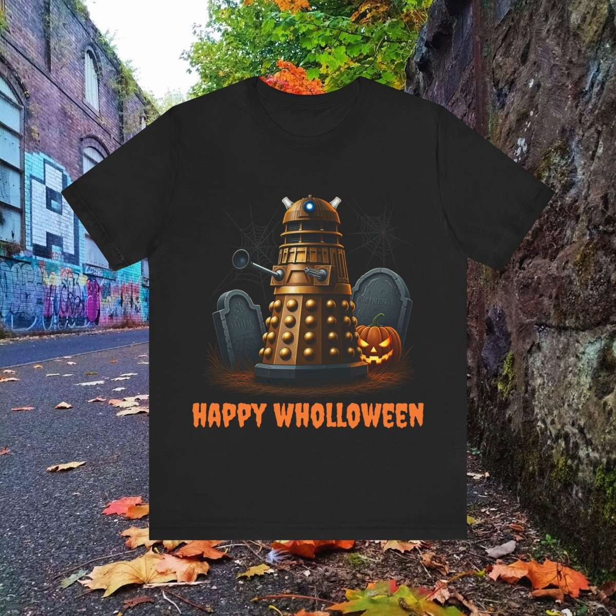 Happy Wholloween Dalek in a graveyard, I know, I know... T-shirt - soapbox169 - A Little Gift Shop