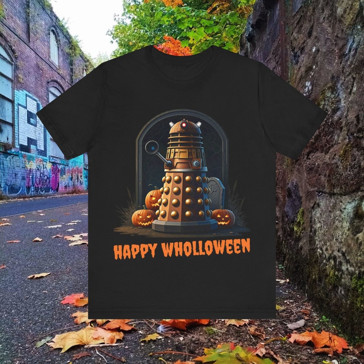 Happy Wholloween Dalek portrait with pumpkins and stuff T-shirt - soapbox169 - A Little Gift Shop