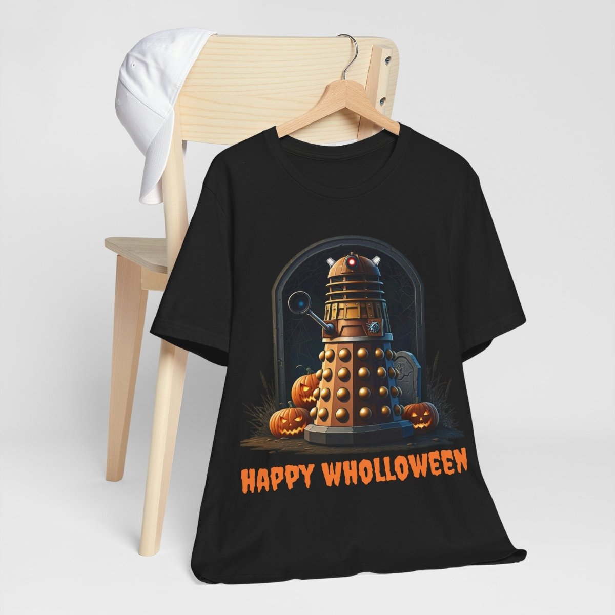 Happy Wholloween Dalek portrait with pumpkins and stuff T-shirt - soapbox169 - A Little Gift Shop